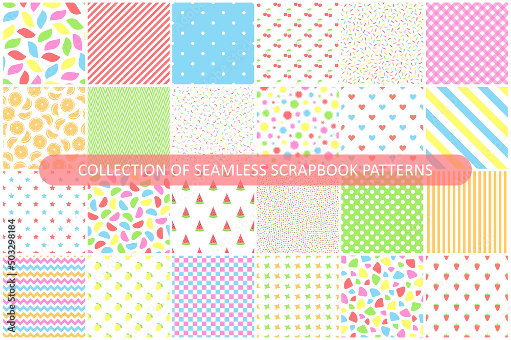 Collection of bright colorful seamless skrapbook patterns - delicate design. Cute endless prints. Repeatable unusual backgrounds - obrazy, fototapety, plakaty 