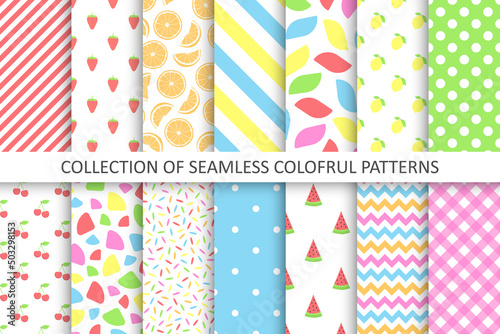 Collection of bright colorful seamless patterns - summer design. Cute endless prints. Repeatable unusual backgrounds