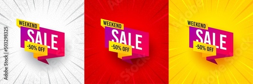 Weekend sale 50 percent off banner. Flash offer banner, coupon or poster. Discount sticker shape. Hot offer icon. Weekend sale promo banner. Retail marketing flyer. Starburst pop art. Vector