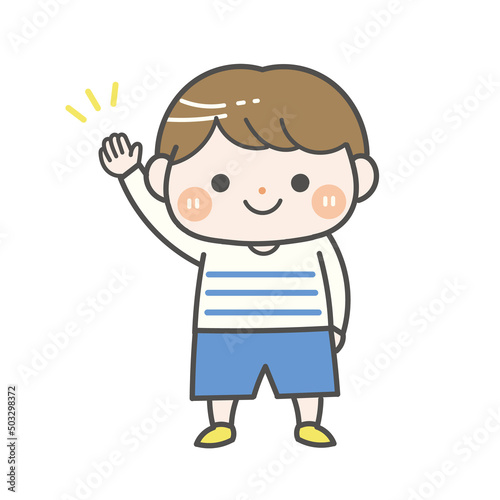 片手をあげる保育園児（男の子）
