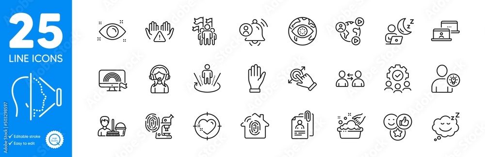 Outline icons set. Video conference, Interview documents and Leadership icons. Heart target, Teamwork, Health eye web elements. User notification, Communication, Hand signs. Shift. Vector