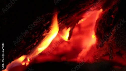 Burning wood, very close up view. Detail macro shot of a bonfire. photo