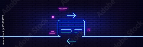 Neon light glow effect. Credit card line icon. Bank payment method sign. Online Shopping symbol. 3d line neon glow icon. Brick wall banner. Credit card outline. Vector