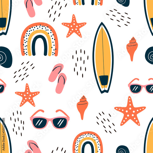 Summer pattern. Vector seamless pattern with summer symbols, such as surfboard, seaglass, and starfish. Isolated on white.