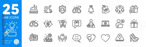 Outline icons set. Heart, Online discounts and Special offer icons. Smile chat, Marriage rings, Hold heart web elements. Shoes, Sale, Gps signs. Bell, Wish list, Buyer. Sale gift. Vector