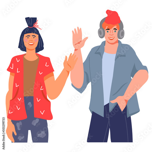 Cheerful happy young people saying hi and waving hand in greeting gesture, flat vector illustration isolated on white background.