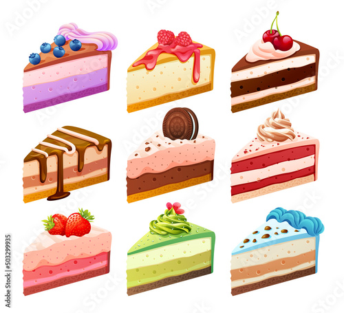 Fototapete Set of various sweet cake pieces cartoon illustration