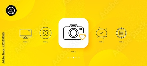 Computer, Close button and Calculator target minimal line icons. Yellow abstract background. Photo camera, Approved icons. For web, application, printing. Vector
