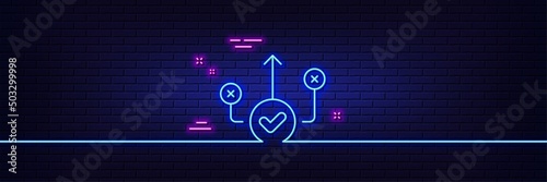 Neon light glow effect. Correct way line icon. Approved path sign. Right decision symbol. 3d line neon glow icon. Brick wall banner. Correct way outline. Vector