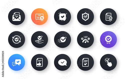 Approve icons. Checklist, Certificate and Award medal. Thumbs up certified document classic icon set. Circle web buttons. Vector