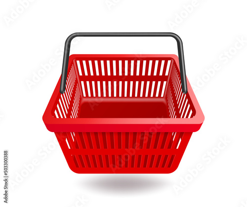 Red shopping basket empty front view floating on the air and oject on white background for shopping advertising design,vector 3d isolated for promotion shopping concept design