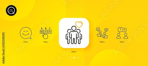 Correct checkbox, Online voting and Friendship minimal line icons. Yellow abstract background. Smile face, Teamwork questions icons. For web, application, printing. Vector photo