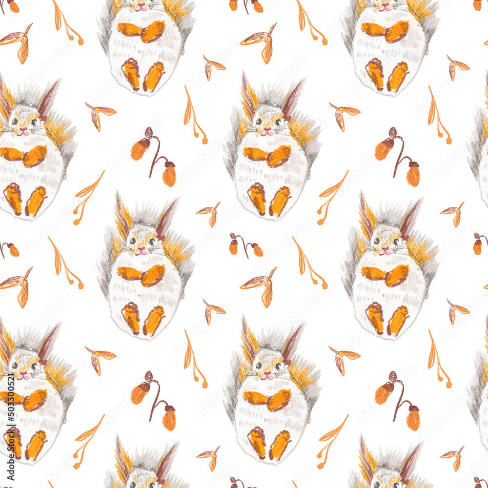 Seamless pattern with squirrel and autumn leaves drawn in wax crayons on white isolated background.Animalistic Thanksgiving print in moderate colors in oil pastel in doodle style.Designs for textiles.