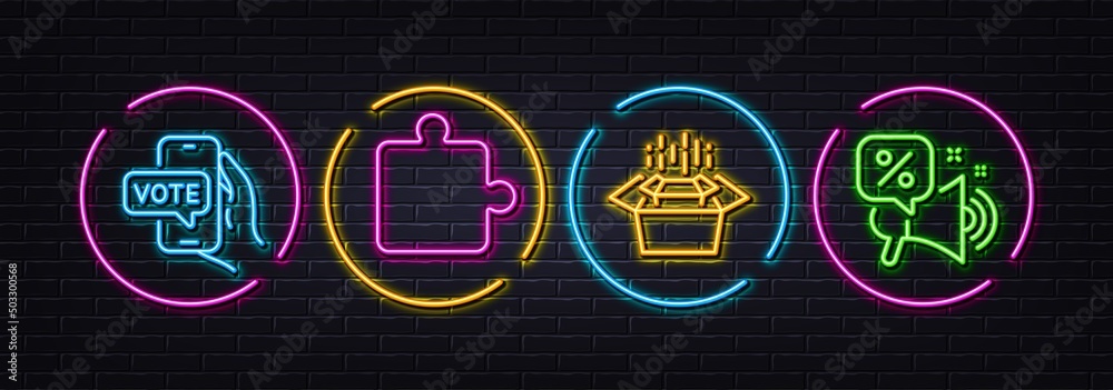 Puzzle, Packing boxes and Online voting minimal line icons. Neon laser 3d lights. Discounts offer icons. For web, application, printing. Puzzle piece, Delivery box, Internet chat. Vector