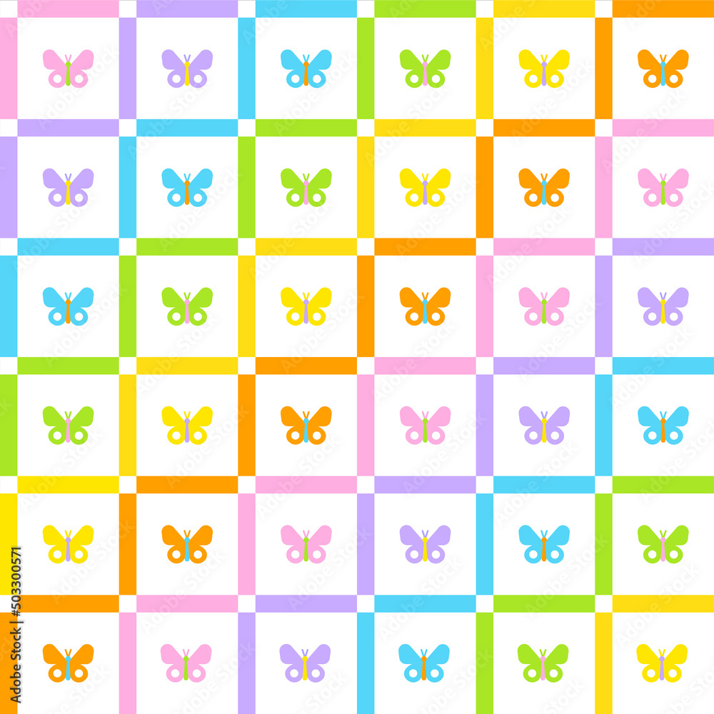 Butterfly Insect Rainbow Cute Pastel Scott Plaid Tartan Checkered Line Overlap Intersect Gingham Seamless Pattern Cartoon Vector Illustration Print Background Fashion Fabric Picnic Butterfly Insect Rainbow Cute Pastel Scott Plaid Tartan Checkered Line Overlap Intersect Gingham Seamless Pattern Cartoon Vector Illustration Print Background Fashion Fabric Picnic