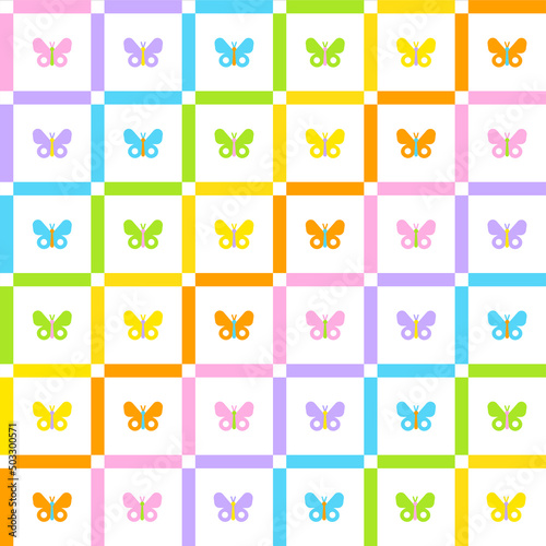 Butterfly Insect Rainbow Cute Pastel Scott Plaid Tartan Checkered Line Overlap Intersect Gingham Seamless Pattern Cartoon Vector Illustration Print Background Fashion Fabric Picnic