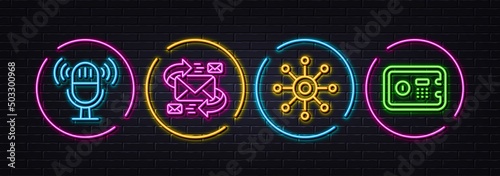 Microphone, Multichannel and E-mail minimal line icons. Neon laser 3d lights. Safe box icons. For web, application, printing. Mic, Multitasking, Communication by letters. Deposit. Vector