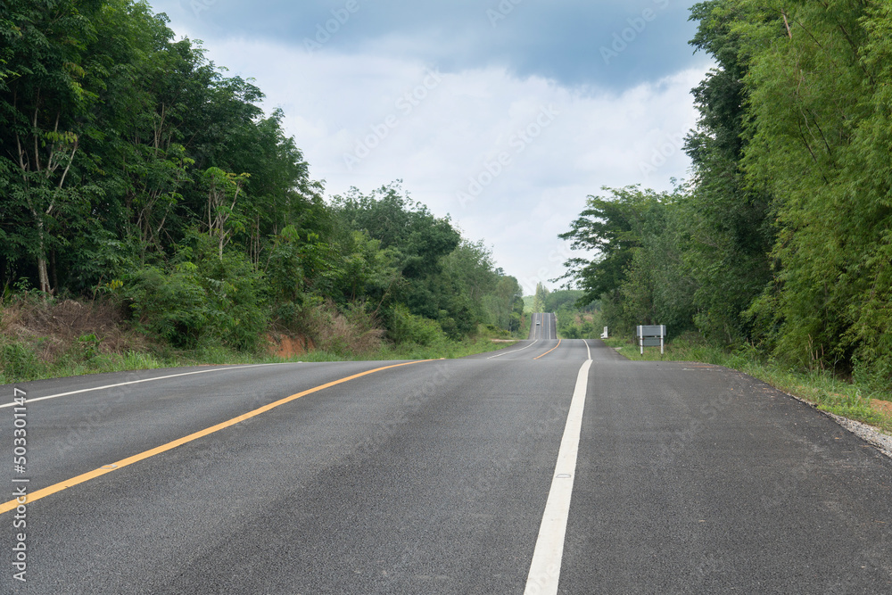 Long straight asphalt road ahead. With trees forest two beside. Trees were densely growing on both sides. White line and the solid yellow line in the no-overtaking zone. Cross-provincial area. Long straight asphalt road ahead. With trees forest two beside. Trees were densely growing on both sides. White line and the solid yellow line in the no-overtaking zone. Cross-provincial area.