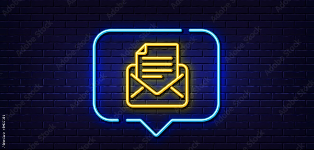 Neon light speech bubble. Mail correspondence line icon. Read Message sign. E-mail symbol. Neon light background. Mail correspondence glow line. Brick wall banner. Vector Neon light speech bubble. Mail correspondence line icon. Read Message sign. E-mail symbol. Neon light background. Mail correspondence glow line. Brick wall banner. Vector