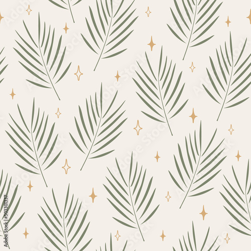 Tropical seamless pattern with palm leaves and stars