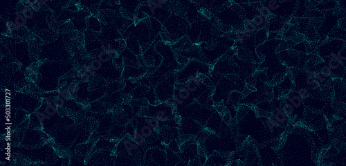 Turquoise distorted wave. Data flow with glittering blue particles. Big data stream. Greenish-blue bright magic sparks in wave motion. 3d rendering.