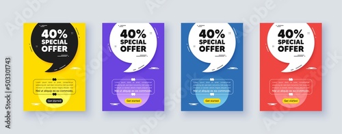 Poster frame with quote, comma. 40 percent discount offer tag. Sale price promo sign. Special offer symbol. Quotation offer bubble. Discount message. Vector