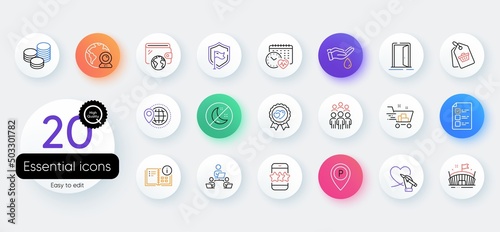 Simple set of Open door, Arena and Video conference line icons. Include Wallet, Cardio calendar, World travel icons. Tips, Sale tag, Insomnia web elements. Shopping cart, Love award. Vector