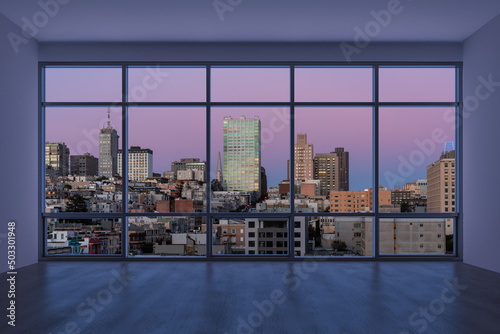 Empty room Interior Skyscrapers View Cityscape. Downtown San Francisco City Skyline Buildings from High Rise Window. Beautiful California Real Estate. Sunset. 3d rendering. © VideoFlow