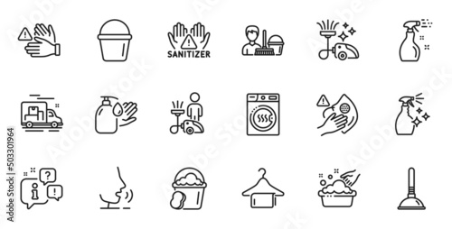 Outline set of Plunger, Cleaning service and Sponge line icons for web application. Talk, information, delivery truck outline icon. Include Wash hands, Clean towel, Dirty mask icons. Vector
