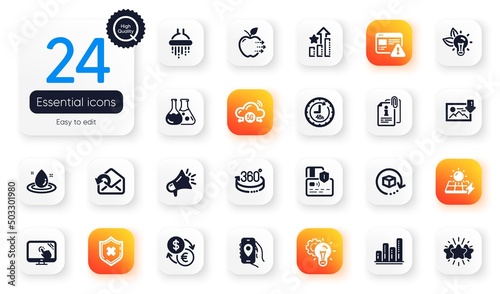 Set of Technology flat icons. Megaphone, Graph chart and Touch screen elements for web application. Attached info, Food delivery, Location app icons. 360 degrees, Star, Send mail elements. Vector