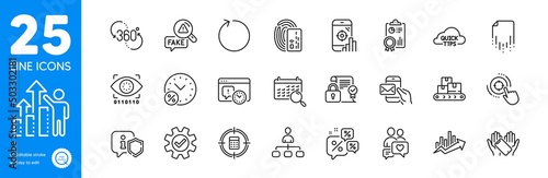Outline icons set. Security contract, Wholesale goods and Shield icons. Seo target, Management, Discounts chat web elements. Loan percent, Search calendar, Employee results signs. Vector
