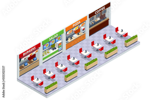 Fast Food Court. Isometric Coffee, Burgers, Salad and Pizza Place, Cafeteria, Restaurant Interior, Catering, Shopping Mall.