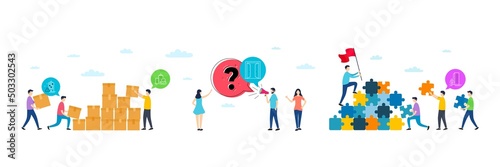 Building warning, Open door and Inspect minimal line icons. People characters with puzzle, delivery parcel. Buildings icons. For web, application, printing. Vector