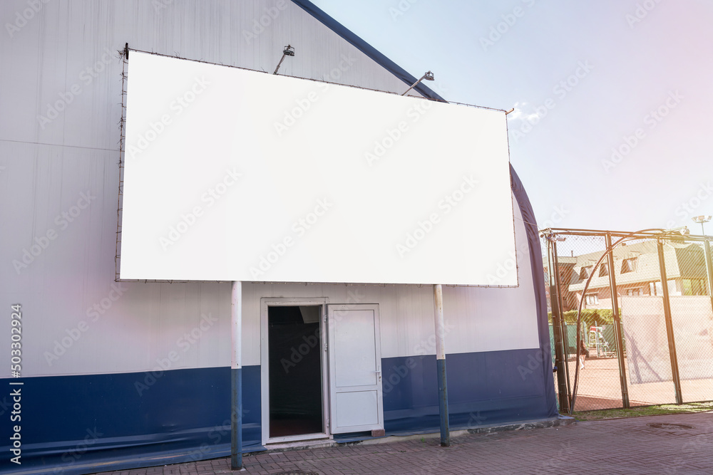 Horizontal white blank banner with mockup place standing on sport playground outdoor Horizontal white blank banner with mockup place standing on sport playground outdoor