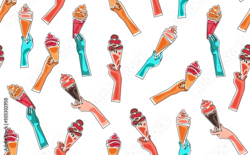 Ice cream cone seamless pattern on white background. Vector illustration.