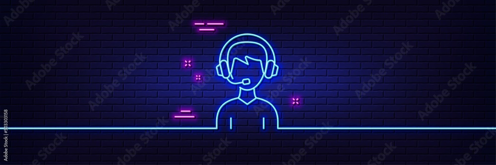 Neon light glow effect. Consultant service line icon. Call center sign. Feedback symbol. 3d line neon glow icon. Brick wall banner. Consultant outline. Vector Neon light glow effect. Consultant service line icon. Call center sign. Feedback symbol. 3d line neon glow icon. Brick wall banner. Consultant outline. Vector