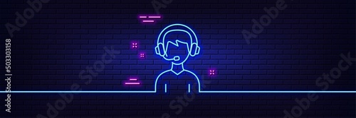 Neon light glow effect. Consultant service line icon. Call center sign. Feedback symbol. 3d line neon glow icon. Brick wall banner. Consultant outline. Vector