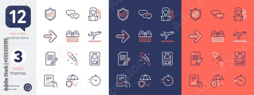 Set of Next, Departure plane and Timer line icons. Include Document, Article, Umbrella icons. Coffee maker, Gift, Women headhunting web elements. Chemistry pipette, Medical tablet. Vector