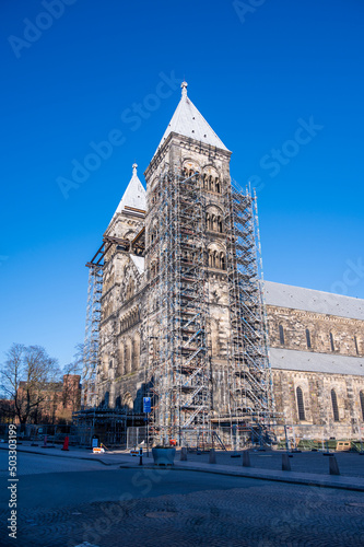 Scaffolding on Lund cathedral steeples during renovation photo