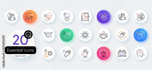 Touch warning line icons. Bicolor outline web elements. Stop touch face, eyes and medical mask. Covid cough symptoms, wash and disinfect hands icons. Vector