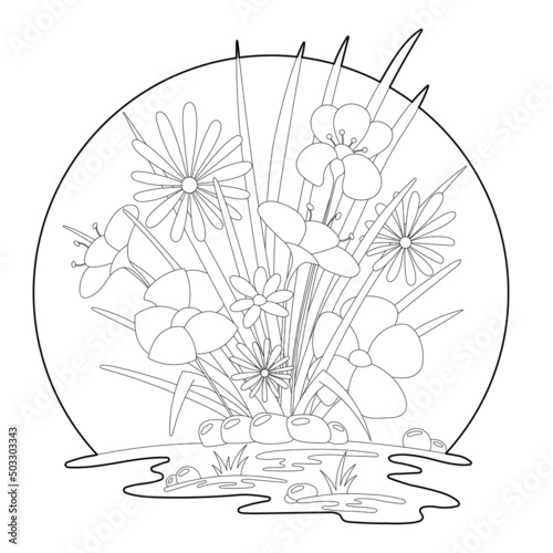 Flowerbed coloring page. Kids and adult antistress.