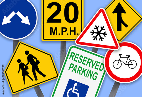 Fotografie, Obraz Collection of different traffic signs on turquoise background