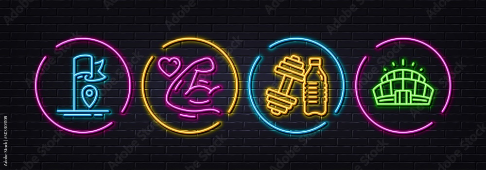 Flag, Strong arm and Dumbbell minimal line icons. Neon laser 3d lights. Arena stadium icons. For web, application, printing. Location pointer, Muscle biceps, Sport training. Vector Flag, Strong arm and Dumbbell minimal line icons. Neon laser 3d lights. Arena stadium icons. For web, application, printing. Location pointer, Muscle biceps, Sport training. Vector