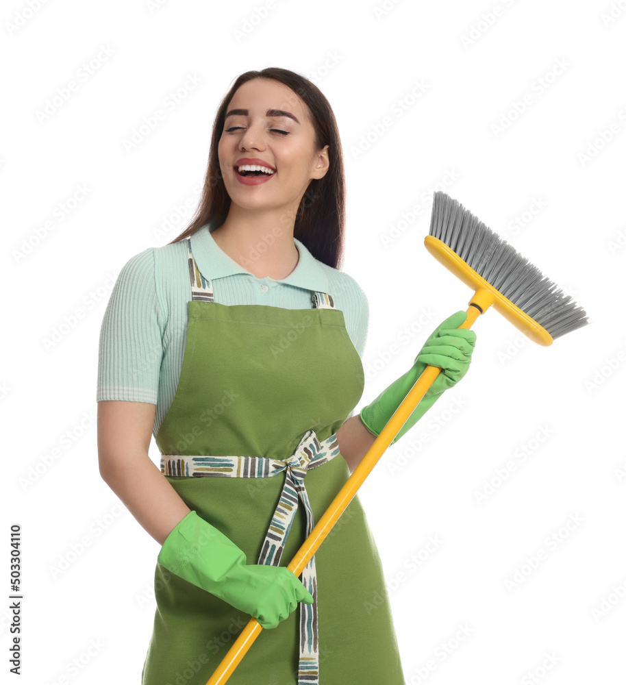 Beautiful young woman with broom singing on white background Beautiful young woman with broom singing on white background