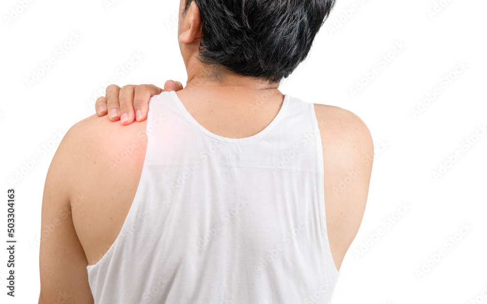 A middle aged man in white veat suffering from arm and shoulder pain isolated A middle aged man in white veat suffering from arm and shoulder pain isolated
