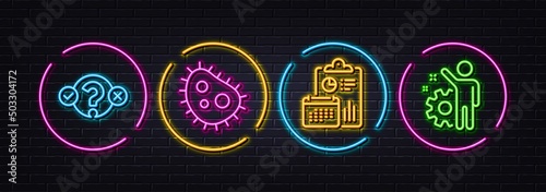Bacteria, Quiz test and Report minimal line icons. Neon laser 3d lights. Employee icons. For web, application, printing. Antibacterial, Select answer, Accounting. Cogwheel. Neon lights buttons. Vector