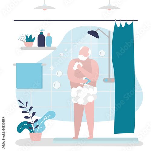 Grandfather washes with washcloth with shower gel or soap. Shelf with shampoos and skincare products. Elderly man washes with sponge in bathroom. Routine hygiene procedures.