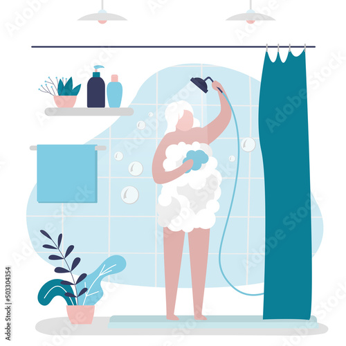 Grandmother washes in shower. Bathroom interior. Everyday hygiene procedure. Elderly woman pours water on herself from shower. Naked old lady foaming soap or gel. Body care.
