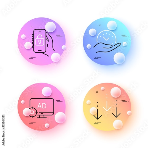 Scroll down, Locked app and Seo adblock minimal line icons. 3d spheres or balls buttons. Safe time icons. For web, application, printing. Swipe screen, Smartphone lock, Search engine. Vector
