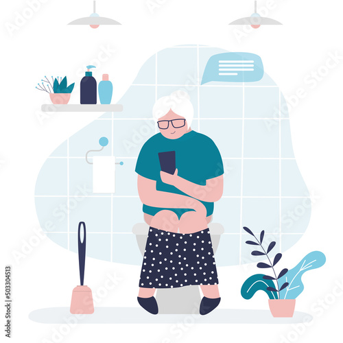 Grandmother pissing or pooping in toilet. Elderly woman chatting with friends in lavatory. Female character surfing social networks while sitting on toilet bowl. Restroom interior